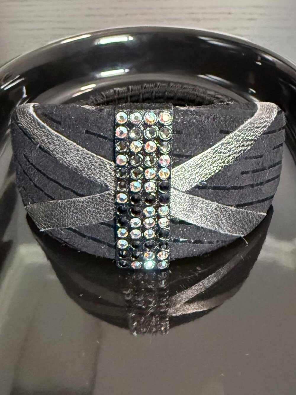 C$340 Retail Alexandre Zouari Black Suede Leather Swarovski Crystal Hair Tie